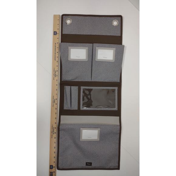 Thirty One Brown Canvas Polka Dot Hanging Wall Organizer 6 Pouches Classroom - Picture 3 of 10